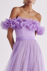 Lilac Off the Shoulder A Line Ruffled Tulle Prom Dress