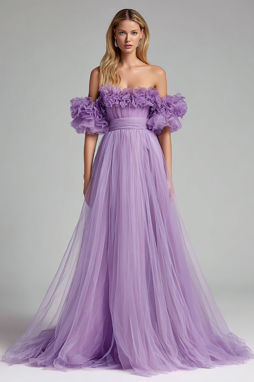 Off the Shoulder Lilac A Line Prom Dress with Ruffles