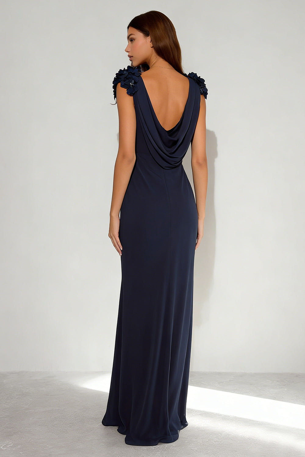 Navy Cowl Neck Ruffled Maxi Formal Dress