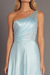 One Shoulder Sky Blue Satin A Line Formal Dress