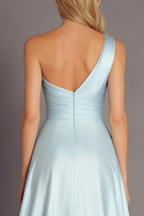 One Shoulder Sky Blue Satin A Line Formal Dress