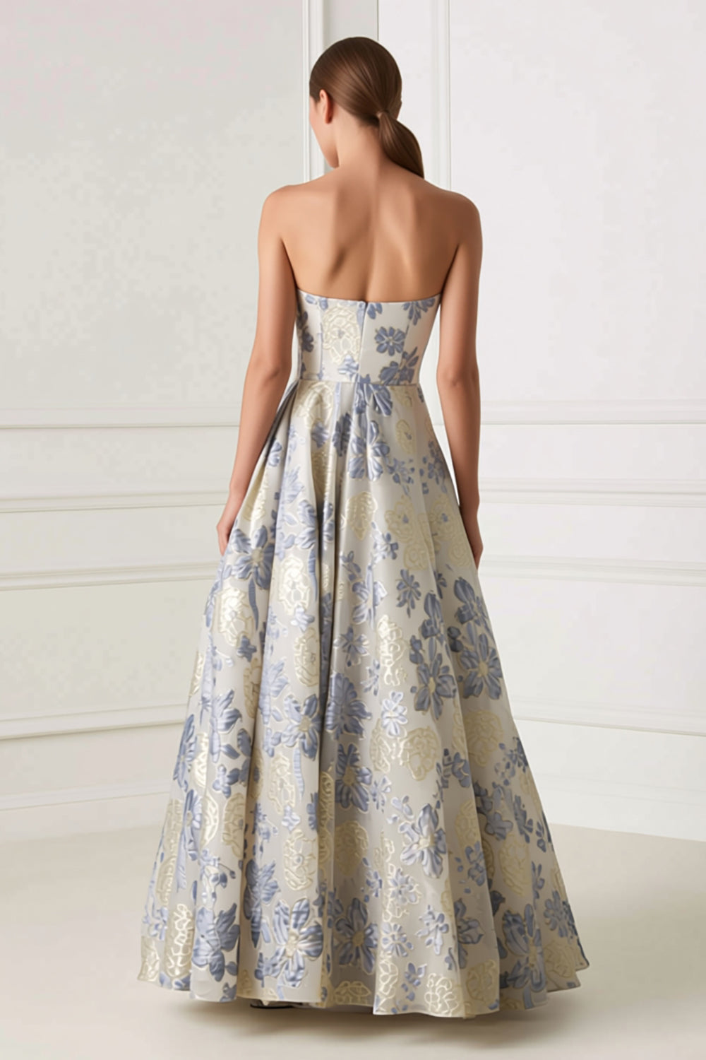 Dusty Blue Floral Strapless Corset A Line Formal Dress
