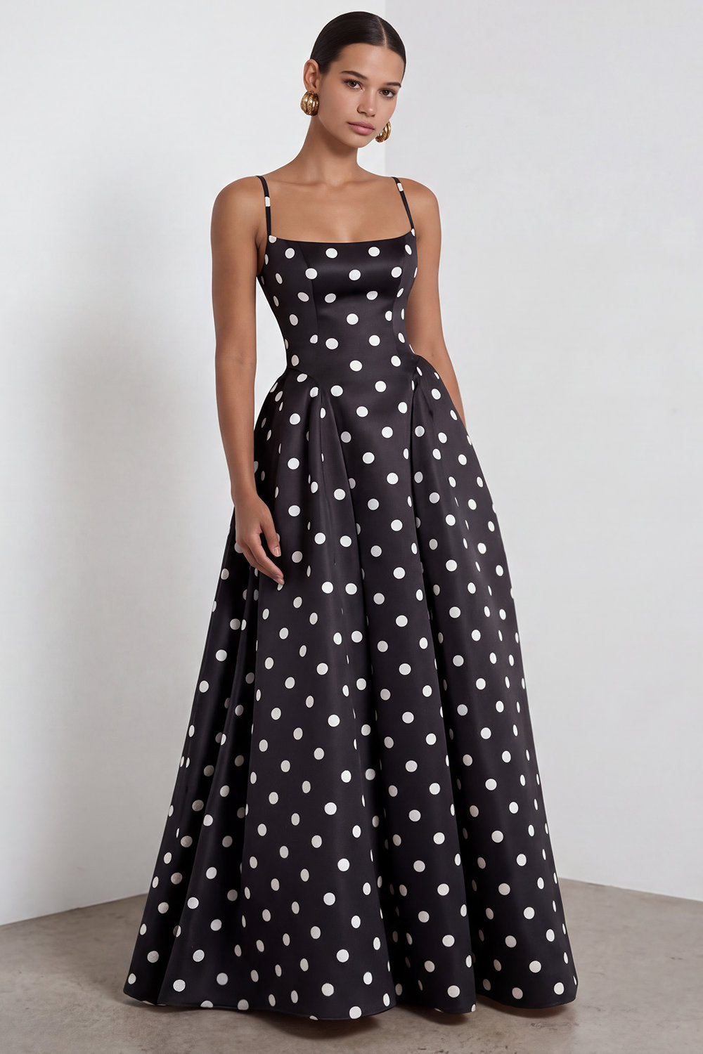 White Black Polka Dot A Line Maxi Formal Dress