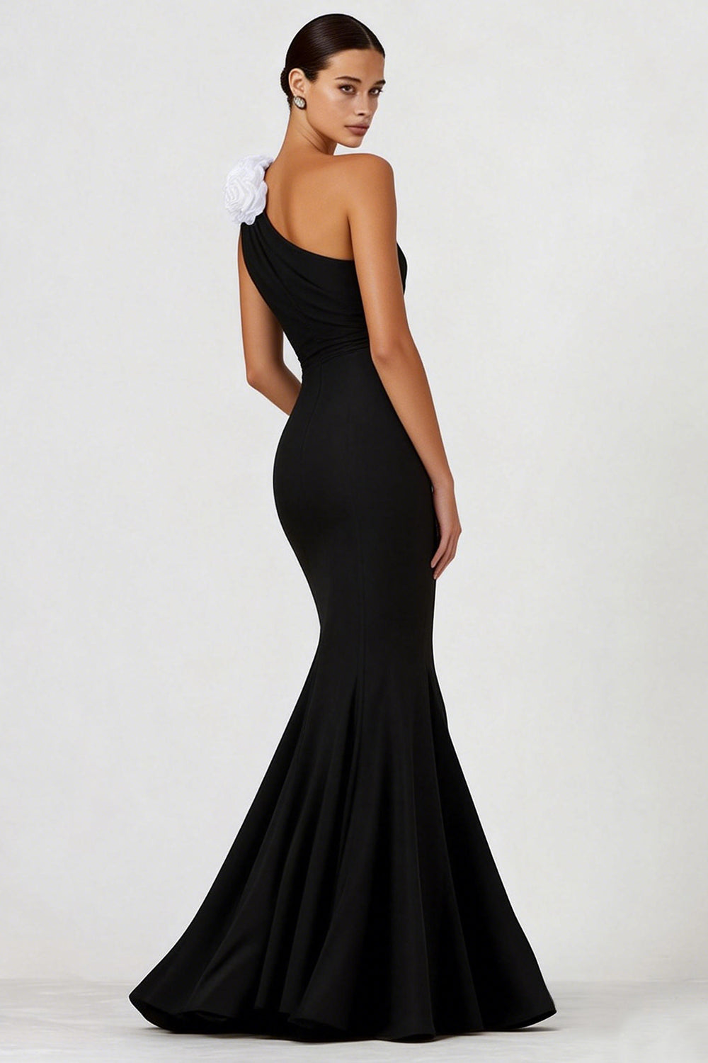 Mermaid 3D Flower One Shoulder Black Formal Dress