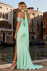 Off The Shoulder Mint Green Pearls Mermaid Prom Dress With Slit
