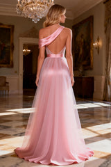 One Shoulder Pink A-Line Sequin Maxi Prom Dress With Slit