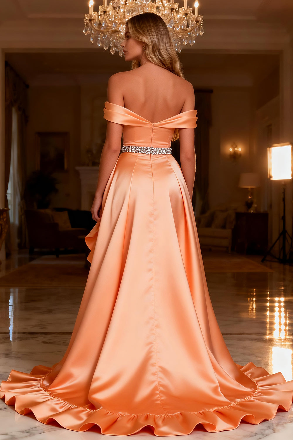 Off The Shoulder Ruffle A-Line Orange Beaded Prom Dress With Slit