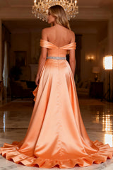 Off The Shoulder Ruffle A-Line Orange Beaded Prom Dress With Slit