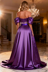 Purple Satin A-Line Off The Shoulder Prom Dress With Slit