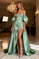 Off The Shoulder Sage Green Satin A-Line Prom Dress With Slit