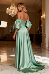 Off The Shoulder Sage Green Satin A-Line Prom Dress With Slit