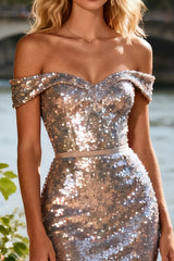 Sparkly Off The Shoulder Champagne Mermaid Prom Dress With Ruffles