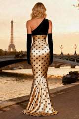 One Shoulder Mermaid Black and Champagne Polka Dots Prom Dress