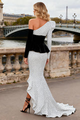 One Shoulder White and Black Mermaid Polka Dots Maxi Prom Dress With Slit