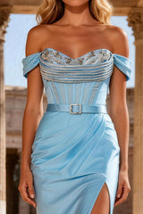 Sky Blue Off the Shoulder Corset Mermaid Prom Dress with Belt