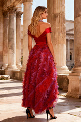 Sparkly Red Satin High Low Prom Dress with Ruffles