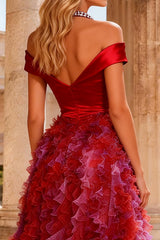 Sparkly Red Satin High Low Prom Dress with Ruffles