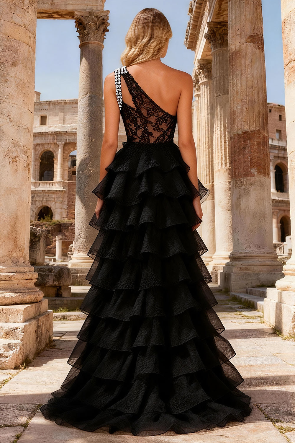 Black One Shoulder Tiered Lace Prom Dress