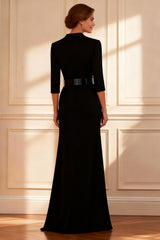 Elegant Black 3/4 Sleeve Mother of the Bride Dress with Belt