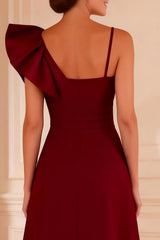Burgundy Asymmetrical Neck Ruffled Mother of the Bride Dress