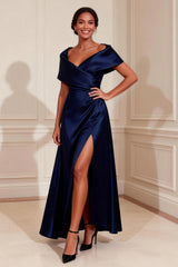 Navy Off the Shoulder Satin A Line Mother of the Bride Dress