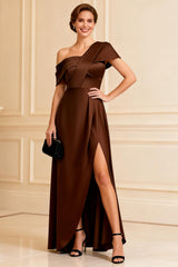 One Shoulder Chocolate Satin Mother of the Bride Dress