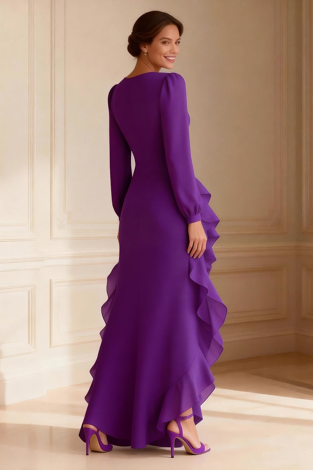 Purple Long Sleeve Ruched Mother of the Bride Dress with Sash