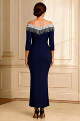 Sparkly Off the Shoulder Beaded Navy Mother of the Bride Dress