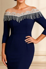 Sparkly Off the Shoulder Beaded Navy Mother of the Bride Dress