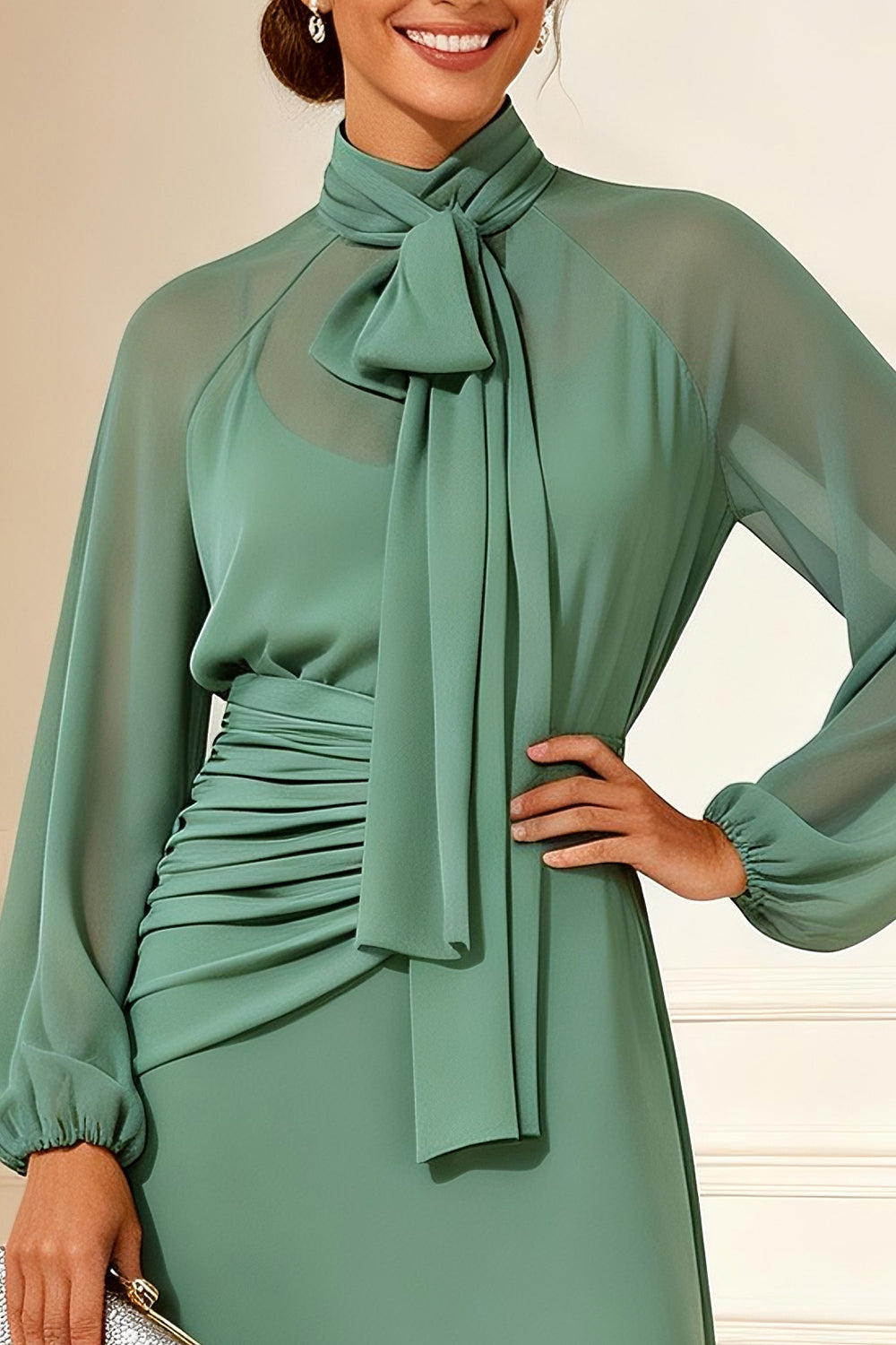 Sage Green A Line Ruched High Neck Mother of the Bride Dress