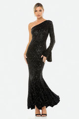 One Shoulder Mermaid Black Tie Dress With Sequins