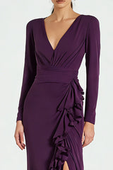 Mermaid Plum Ruffled V-Neck Maxi Formal Dress With Slit