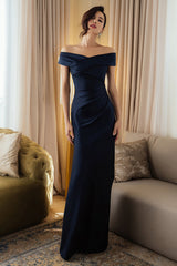 Navy Off The Shoulder Sheath Long Formal Dress