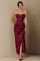 Burgundy Strapless Ruched Sheath Formal Dress With Slit