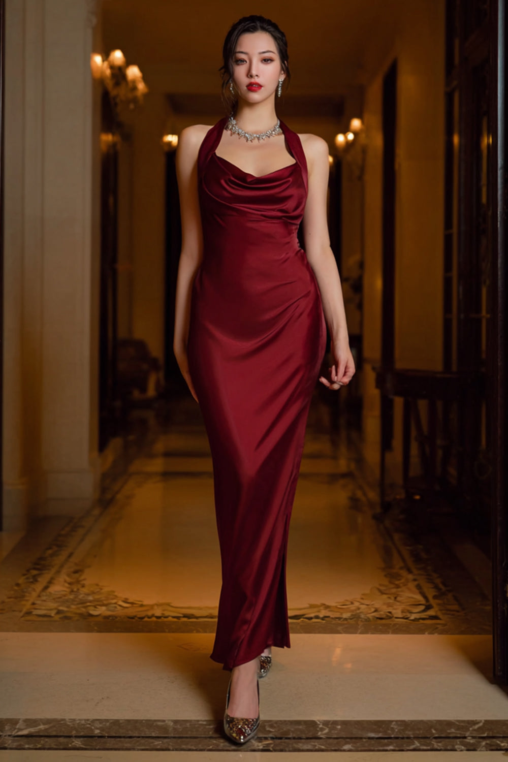 Halter Dark Green Sheath Satin Formal Dress
