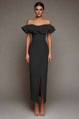 Off The Shoulder Sheath Ruffled Black Tie Dress With Slit