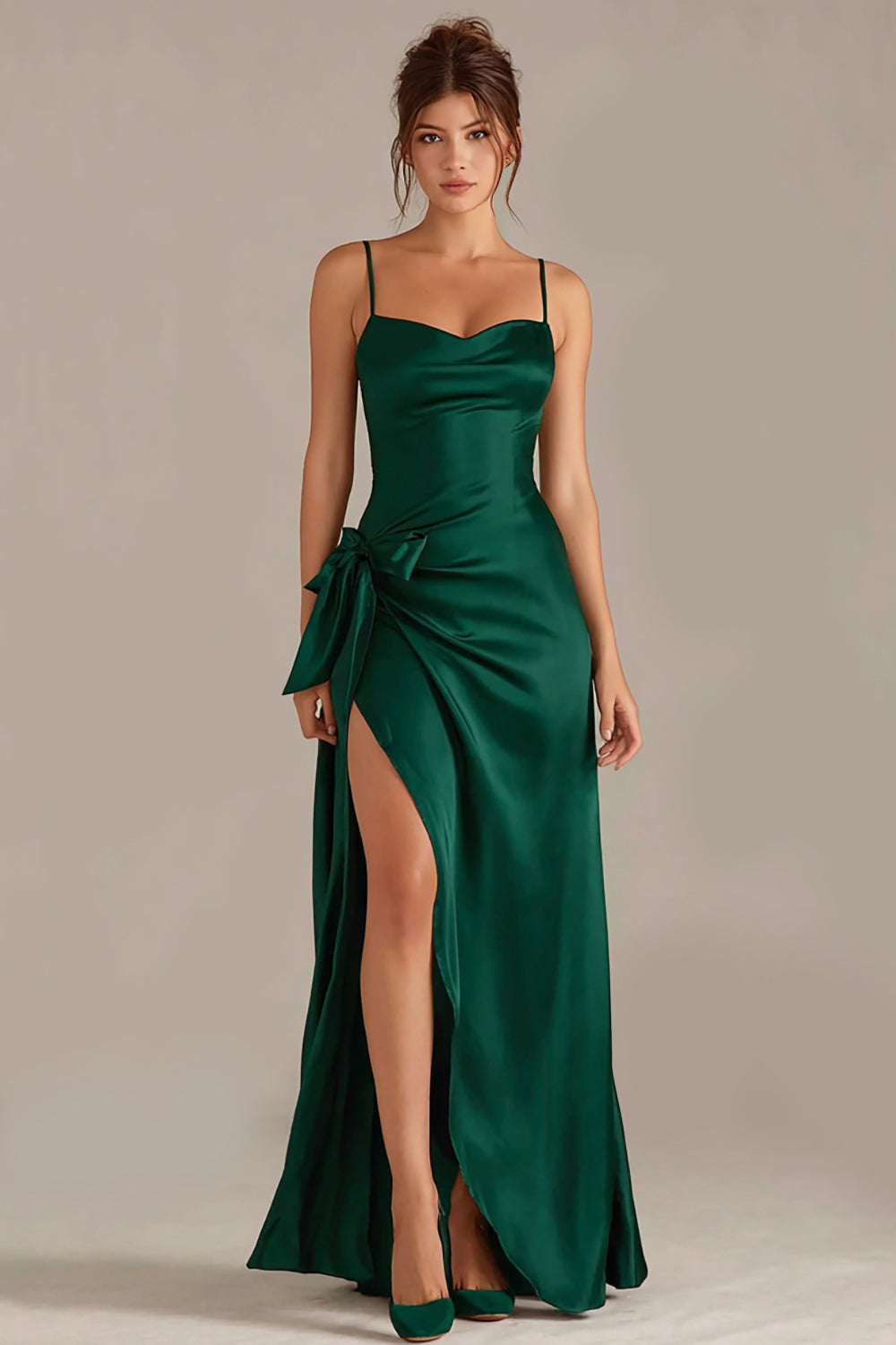 Dark Green Sheath Bowed Satin Maxi Dress With Slit