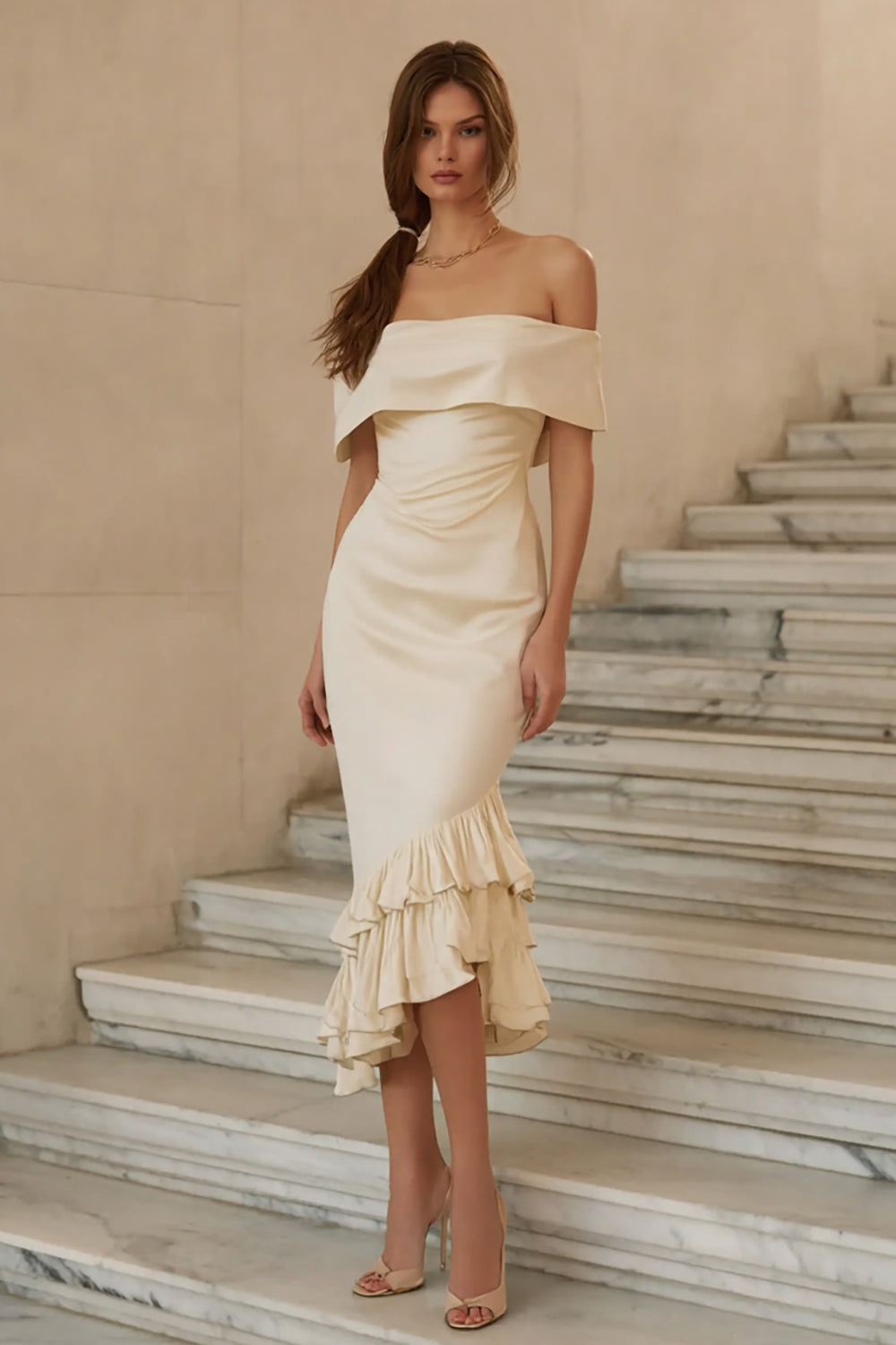 Off the Shoulder Mermaid Ruffled Midi White Dress