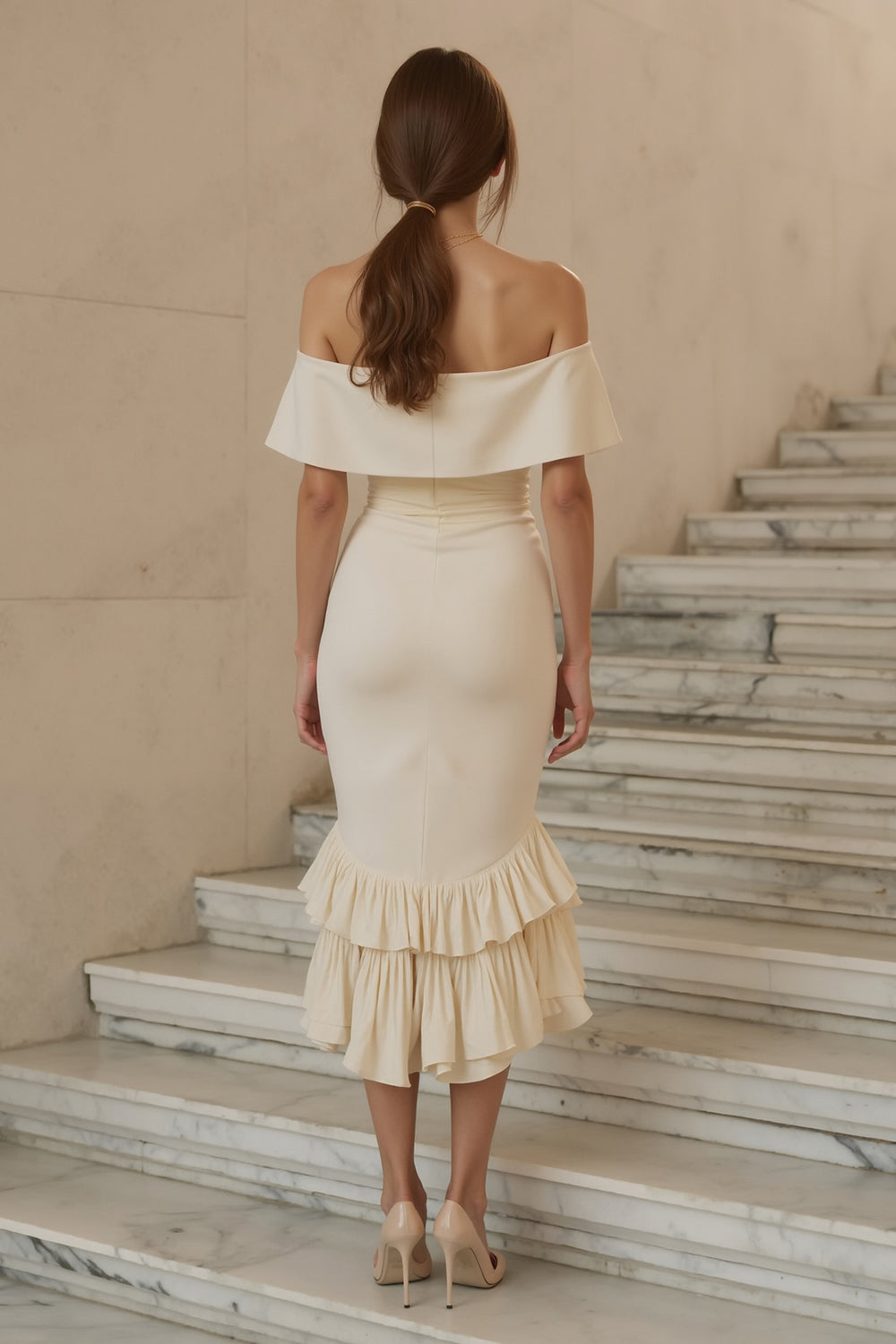 Off the Shoulder Mermaid Ruffled Midi White Dress