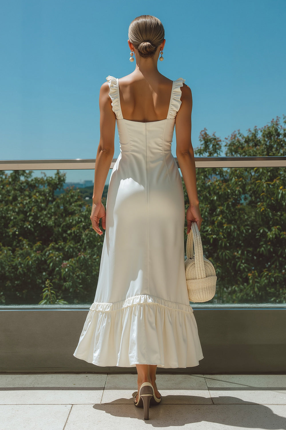 Simple Square Neck A Line Midi White Dress with Ruffles