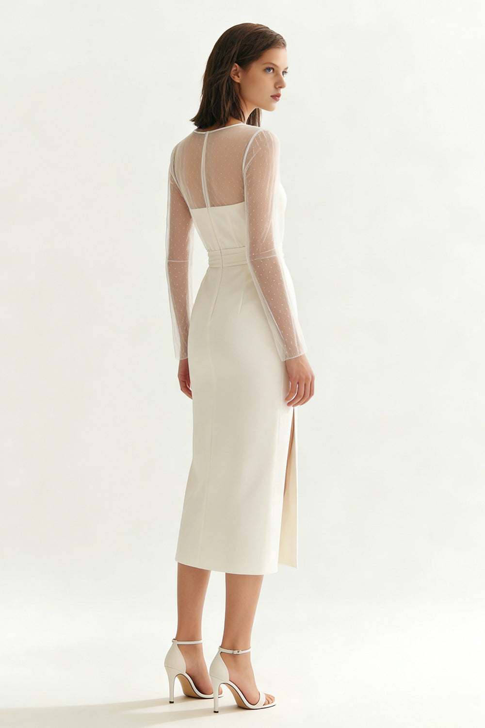 Long Sleeve Satin Midi White Dress with Slit