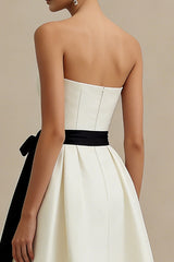 Strapless A Line Satin Maxi White Dress with Bow