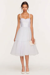 Spaghetti Straps A Line Corset Midi White Dress