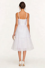 Spaghetti Straps A Line Corset Midi White Dress