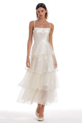 Tiered Spaghetti Straps Satin Midi White Dress