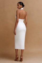Halter Bodycon Satin Cut Out Midi White Dress