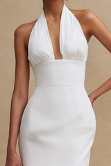 Simple Halter Bodycon Satin Midi White Dress