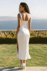 Spaghetti Straps Satin Midi White Dress with Slit