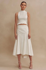 High Neck 2 Piece A Line Midi White Dress with Ruffles