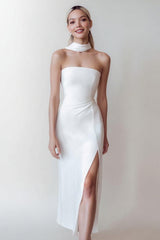 Elegant Strapless Satin Midi White Dress
